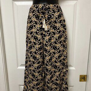 Angie Black Floral Wide-Leg Kids Pants with Yellow and White Flowers